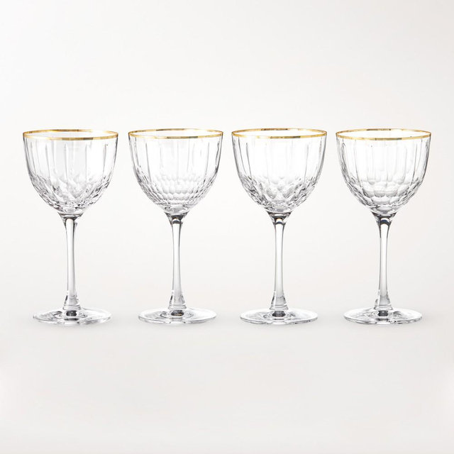 Wilshire Jewel Cut Nick & Nora Glasses, Set of 4, Gold Rim