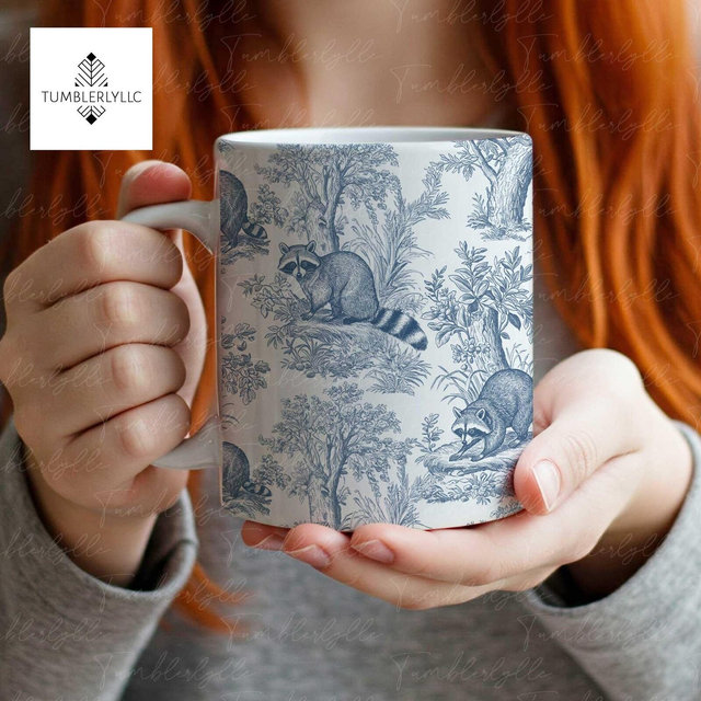 Raccoon Toile de Jouy Mug: Blue French Country Cottagecore Gift