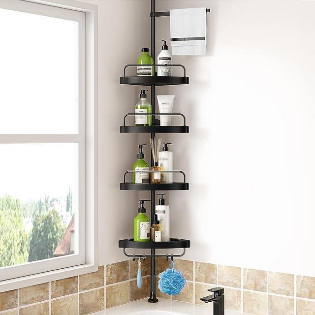 Corner Shower Caddy Tension Pole: Adjustable Stainless Steel Shower Organizer with 4 Tier Shelf for Bathroom Bathtub Tub Shampoo -Floor Standing Rack Bath Storage Holder with Rust Proof Rods - Black