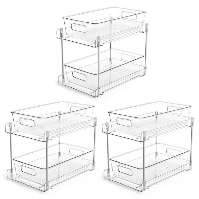 Vtopmart 2 Tier Bathroom Storage Organizer, 3 Pack Clear Under Sink Organizers Vanity Counter Storage Container, Medicine Cabinet Drawers Bins, Pull-Out Organization with Track for Pantry, Kitchen