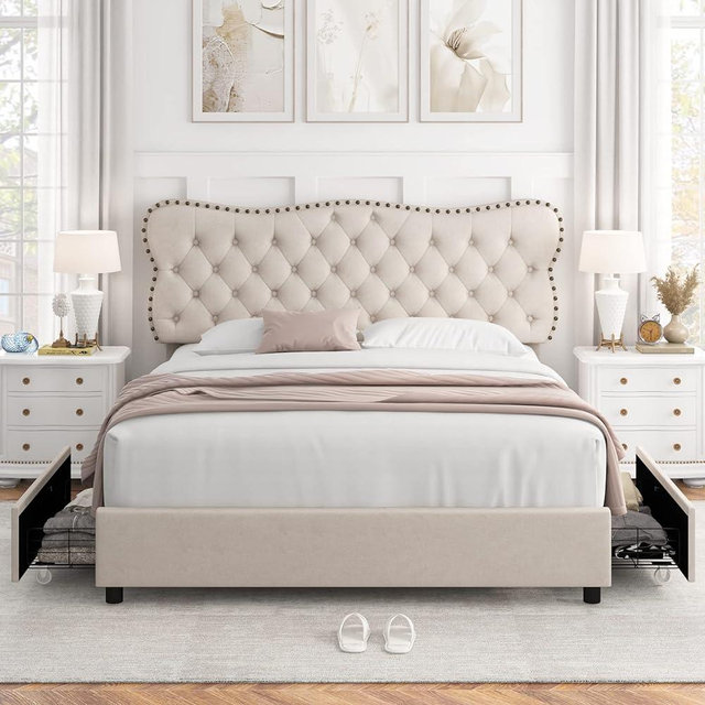 HOSTACK Queen Bed Frame with 4 Storage Drawers, Upholstered Platform Bed Frame with Button Tufted Headboard, Heavy Duty Mattress Foundation with Wooden Slats, No Box Spring Needed (Beige, Queen)