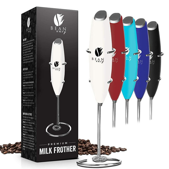 Bean Envy Milk Frother for Coffee - Handheld, Mini Electric Drink Mixer, Foamer & Frother with Stand for Coffee, Lattes, Hot Chocolates and Shakes -White