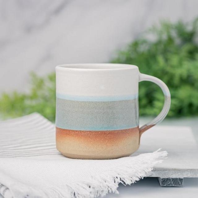 Tea Mug, Coffee Mug: White/Blue-Grey, 12 - 14 oz, Stoneware, Handmade