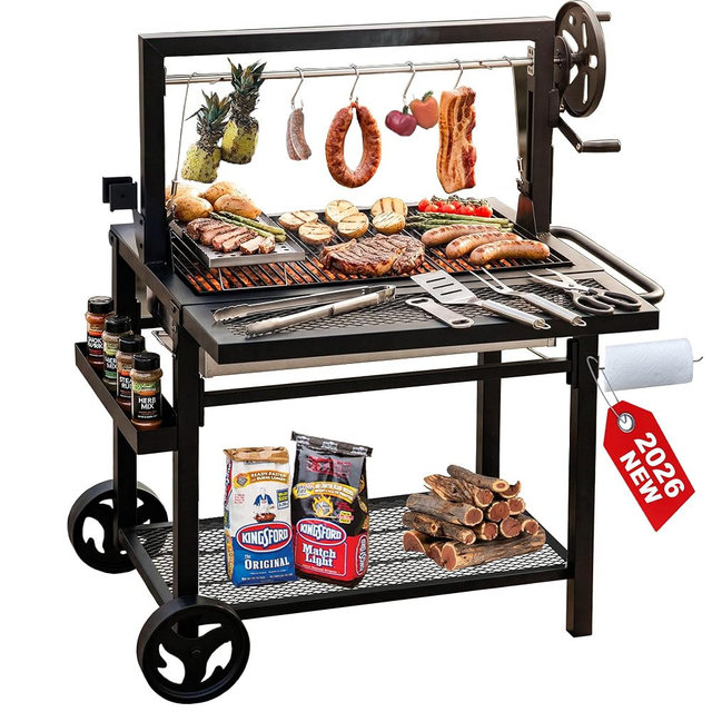 Argentine Santa Maria Grill, Wood Fire & Charcoal BBQ Grill with Adjustable Height Grates, Argentinian Open Fire Grill with S-Hooks and Foldable Front Table for Outdoor Patio Backyard Gaucho Grilling