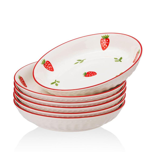 CHILDIKE Porcelain Bowls Set Strawberry 8 Inch Pasta Bowls Set of 6, Salad Bowls 17 OZ