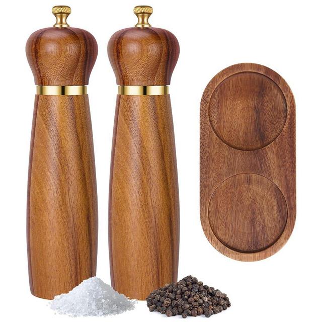 Wooden Salt and Pepper Grinder Set with Base, 8-Inch Manual Pepper Mill Grinder with Adjustable Coarseness, 2 Pack Acacia Wood Salt and Pepper Shakers Set