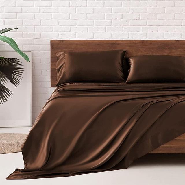 MR&HM Satin Bed Sheets, King Size Sheets Set, 4 Pcs Silky Bedding Set with 15 Inches Deep Pocket for Mattress (King, Brown)