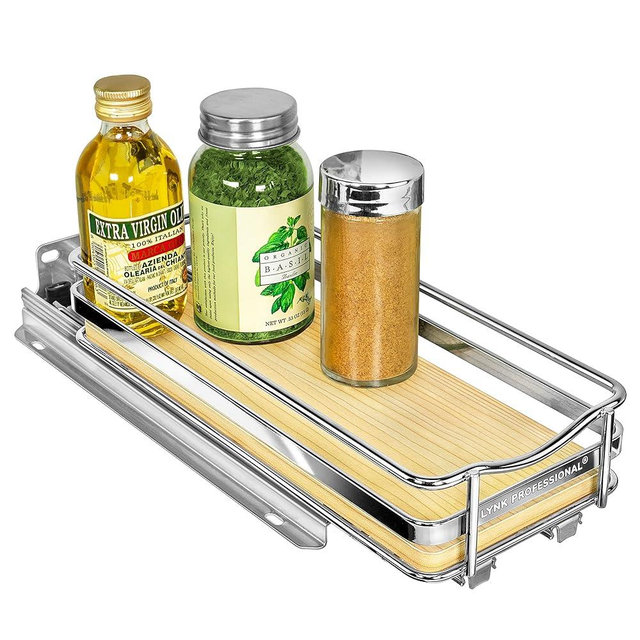 LYNK PROFESSIONAL® Élite™ Pull Out Spice Rack Organizer for Cabinet - Lifetime Limited Warranty - Slide Out Rack, 4-1/4 inch Wide, Wood and Chrome Sliding Spice Organizer Shelf