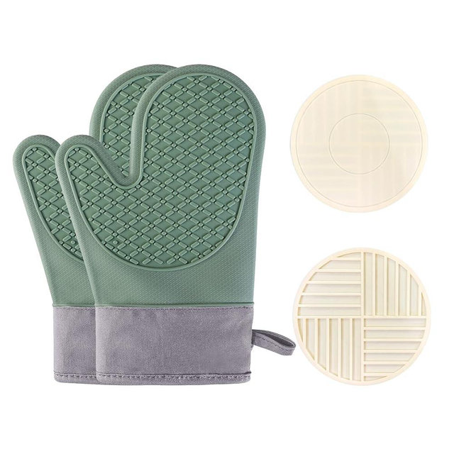 Silicone Heat-Resistant Gloves and Mats Set, Heat Resistant Up to 500°F, Soft Lined, Non-Slip, Kitchen Essentials, Kitchen Gadgets, Apartment Must-Haves, Cooking Gift（4-Piece）(Green)