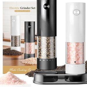 Electric Salt and Pepper Grinder Set - Rechargeable Automatic Salt and Pepper Shakers, Kitchen Appliances with External Adjustable Coarseness, Larger Hopper for Cooking, Home Gifts(2 Pack,Black/White)
