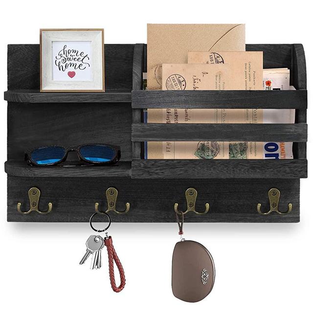 Mail Organizer Wall Mounted with Key Hooks, Wood Mail Holder and Sorter with Key Holder for Letters, Bills Organizing, Decorative Mail and Key Organizer for Wall for Entryway, Hallway, Kitchen …