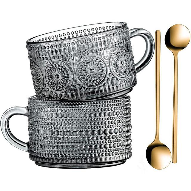 Buaic Glass Coffee Mugs, Vintage Coffee Mugs 14 Oz Set of 2 Clear Embossed Glass Cups, Tea Cups, Glass Coffee Cups for Cappuccino, Latte, Yogurt, Milk, Beverage Hot/Cold