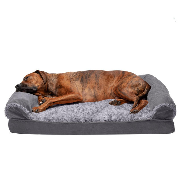 FurHaven Two-Tone Faux Fur & Suede Cooling Gel-Top Foam Sofa Dog Bed - Large, Stone Gray