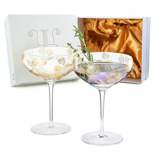 Vintage Gold Floral Decal Champagne Coupe | Set of 2 | 13 OZ, Dancing Golden Flower Etched Design, Floral Cocktail Glassware - Martini, Champagne, Sidecar, Wine - Regal Vine Leaf Design, Gifts for Her