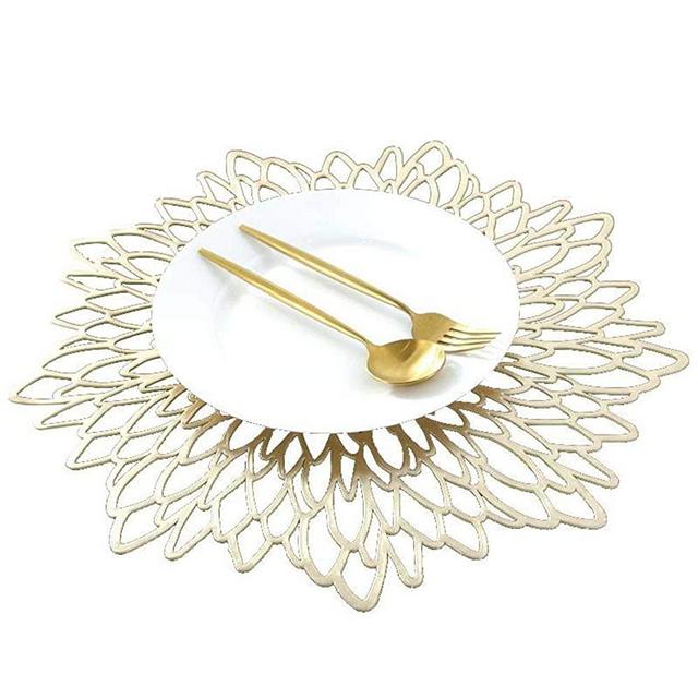 12 PCS Flower Metallic Placemats Vinyl Hollow Mats Non-Slip Heat Insulation Decorative Table Mats Gold Philopack
