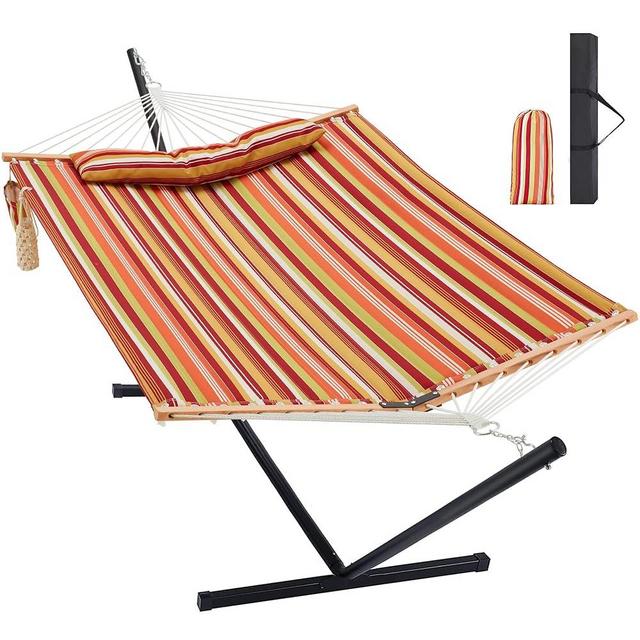 Homgava Two Person Hammock with Stand Heavy Duty, Outdoor Patio Hammock with Portable Steel Stand, Large Double Hammocks,480lbs Capacity.(Red Stripes)