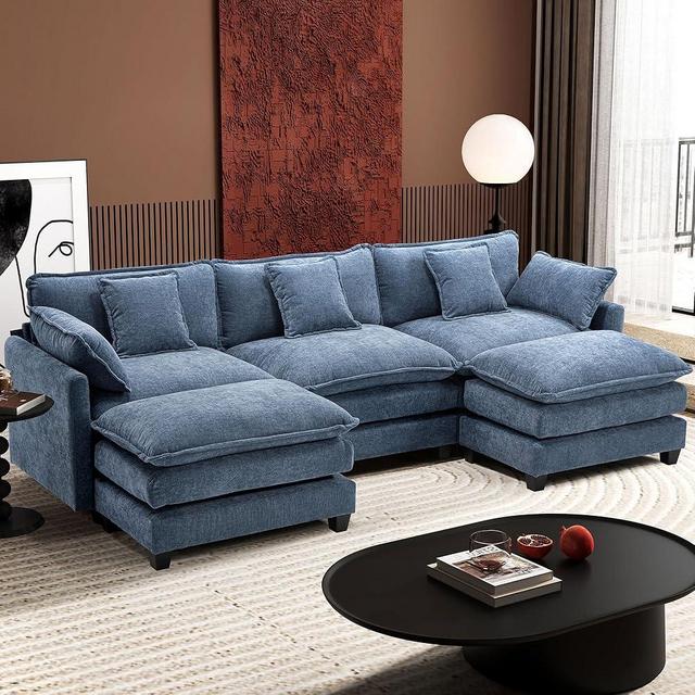 Ihanherry 111.4" U Shaped Modern Sofa Modular Sectional Cloud Couch with 2 Ottoman, 5-Seat Chenille Deep Seat Sofa with Pillow for Living Room, Bedroom and Apartment, Blue