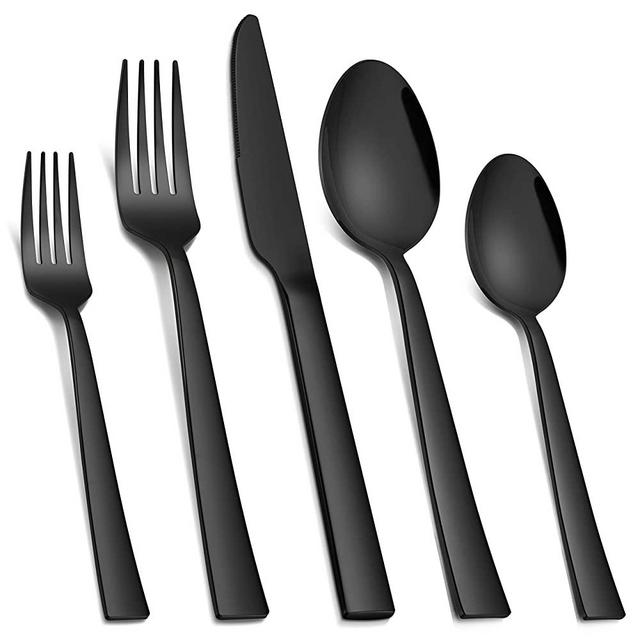 Homikit 40-Piece Black Silverware Flatware Set, Stainless Steel Square Cutlery Set for 8, Eating Utensils Tableware Include Knife Spoon Fork, Dishwasher Safe, Shiny Mirror Polished