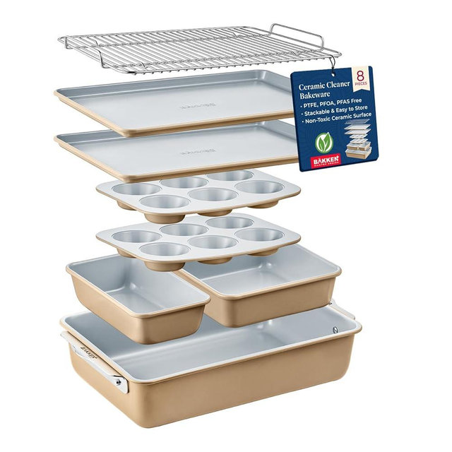 Bakken 8-Piece Stackable Bakeware Set – Ceramic Non-Stick, Oven-Safe Baking Sheets & Pans, PTFE/PFOA/PFOS-Free, Ergonomic Handles, Includes Cooling Rack – Healthy, Non-Toxic Baking Essentials