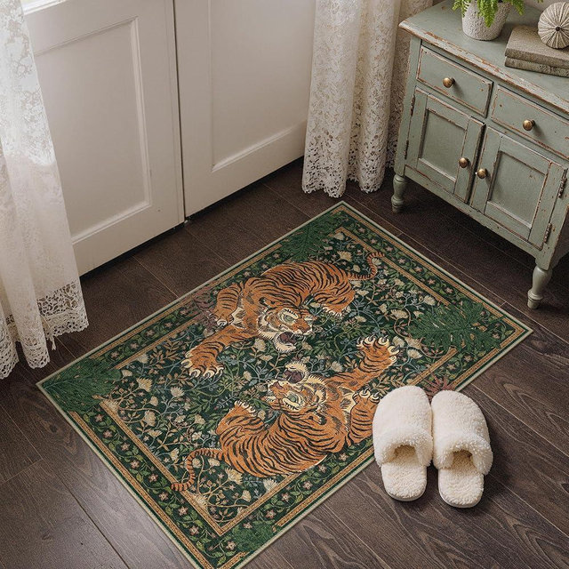 Bavni Tiger 2x3 Door Mat, Boho Washable Entryway Rug Non Slip, Vintage Oriental Soft Thin Green Carpet Stain Resistant, Low Pile Small Botanical Animal Rug for Front Door, Bedroom, Kitchen, Bathroom