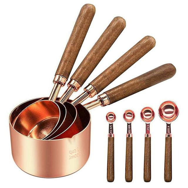 Stainless Steel Measuring Cups and Spoons - Set of 8 Pieces Cooper Measuring Cups and Spoons Set with Walnut Wood Handle, Nesting Measuring Cup Set for Dry and Liquid Ingredients