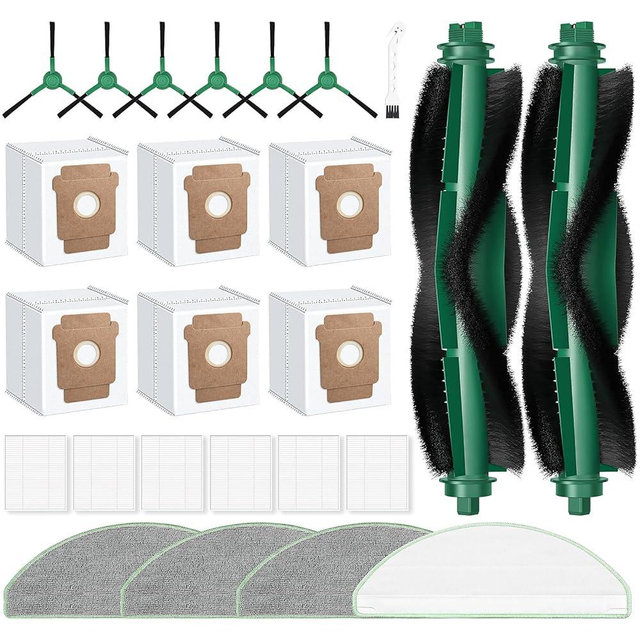25 Pack Roomba Replacement Parts for iRobot 104 / Roomba 105 Combo / 105 Vac / Q052 Robot Vacuum & Mop, 2 Bristle Brush, 6 Edge-Sweeping, 6 Filters, 6 Dust Bags, 4 Mop Pads, 1 Cleaning Brush