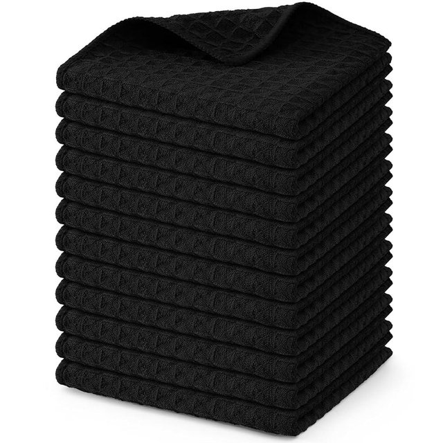 Homaxy Microfiber Waffle Weave Kitchen Dish Cloths, 12 x 12 Inch Ultra Absorbent and Solid Color Dish Towels for Kitchen Fast Drying Dishcloth for Washing Dishes, 12 Pack, Black