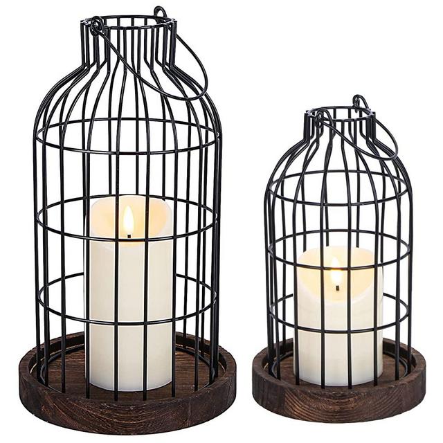 Modern Farmhouse Decor Candle Holder with Electronic Candle, Rustic Farmhouse Lantern Decor Wire Metal Cloche Set Home Decor Candle Lantern for Living Room, Dining Table, Mantle, Fireplace