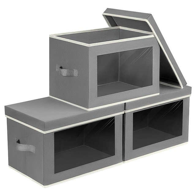 homsorout Storage Bins with Lids, Fabric Storage Cubes with Window, Foldable Storage Boxes with Lids Handles, Closet Organizers and Storage Bins for Clothes, Toys, Books, 3 Packs, Grey