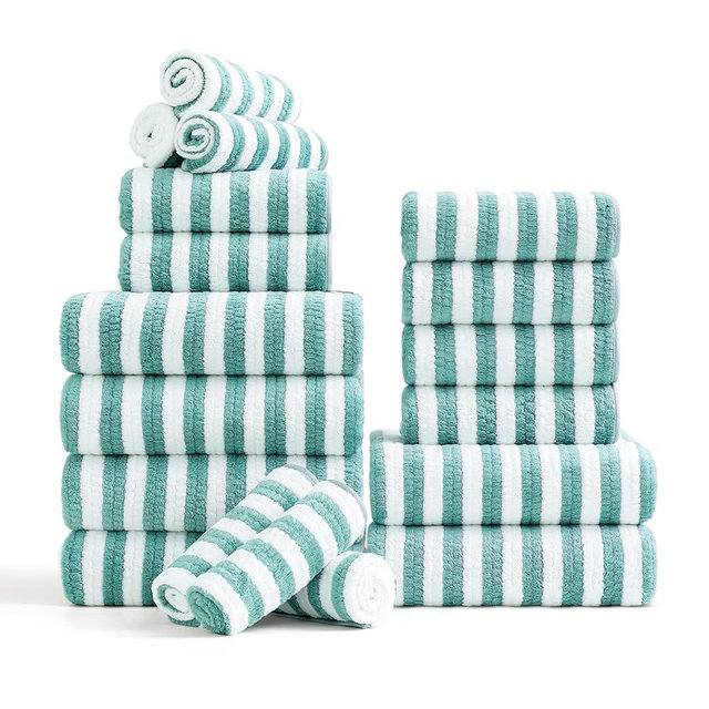 18-Piece Microfiber Bath Towels Set - 6 Bath Sheet, 6 Hand Towels, 6 Washcloths, Soft, Highly Absorbent Bathroom Towel, Quick Dry & Less Lint Shower towel for Bathroom, Hotel, Spa, Dorm-Aquamarine