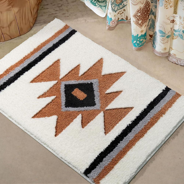 TANVILL Bathroom Rugs White Boho Bath Mat Non Slip, Soft Absorbent Microfiber Washable Aztec Bath Rug Floor Mat for Bathroom Shower Tub Modern Decor 18x24