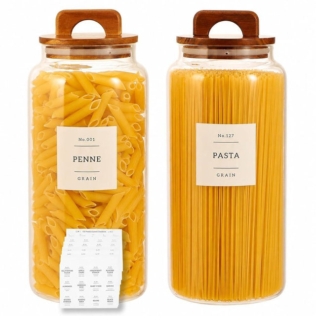 2 Pack Large Glass Flour and Sugar Containers with 132 Pantry Labels - 105 FL OZ Glass Canisters with Bamboo Airtight Lids - Farmhouse Kitchen Glass Pantry Jars for Cookie, Rice, Pasta, Cereal, Salt