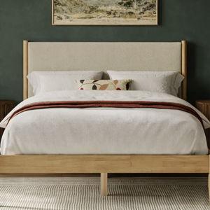 Besan Solid Wood Boucle Upholstered Headboard Bed Frame - Taupe Boucle, Queen