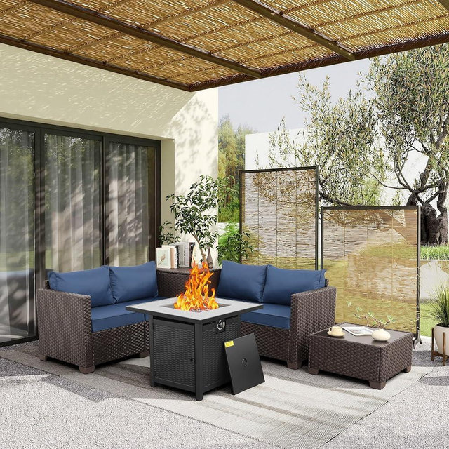 WAROOM Patio Furniture Set 5 Pieces Outdoor Conversation Sets PE Rattan Couch Loveseat Resin Wicker Sectional Sofa with Storage Box Coffee Table and Propane Fire Pit, Blue Cushion