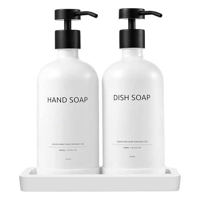 Janxin Glass Soap Dispenser Set with Ceramic Tray, 16.9 floz Hand and Dish Soap Dispenser for Bathroom Decor, White and Black Kitchen Accessories (White Bottles + Black Pumps)
