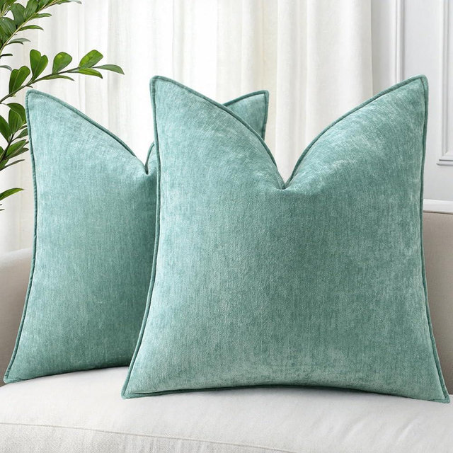 decorUhome Summer Couch Euro Sham Throw Pillow Covers 22x22 Set of 2, Decorative Soft Velvet Modern Cozy Chenille Pillow Cases with Elegant Design for Sofa Bed Living Room Home Decor, Aqua Haze