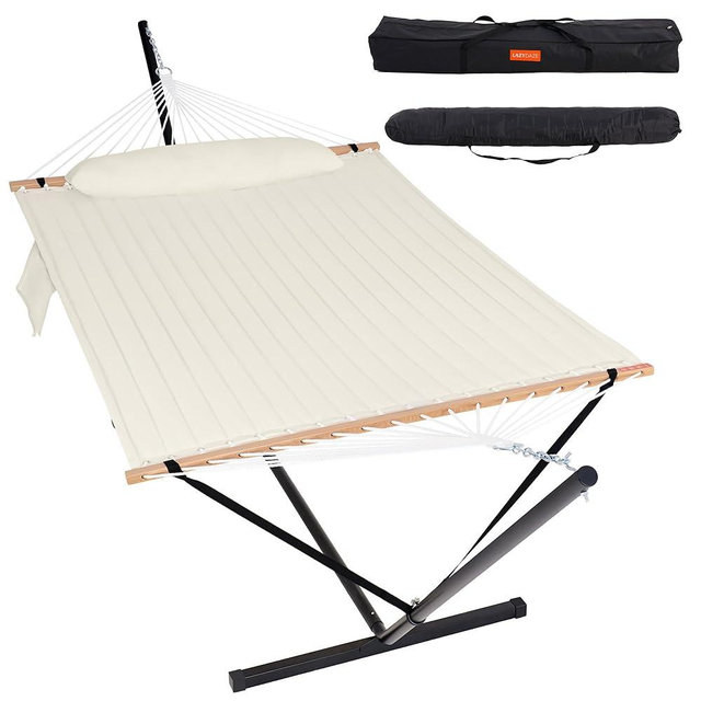 Lazy Daze Hammocks 2 Person Hammock with 12FT Stand for Outside, Quilted Double Hammock with Detachable Pillow, Balance Strap & Carrying Bag Included, 450lbs Capacity, Easy Tool-Free Assembly, Natural