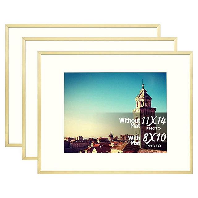 Golden State Art, 11x14 Gold Aluminum Metal Wall Photo Frame Collection with Ivory Color Mat for Picture & Real Glass (3-Pack)