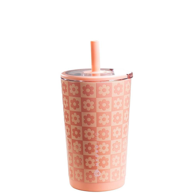 HydroJug Everyday Tumbler 14 oz – Ceramic-Lined Insulated Tumbler with Straw and Soft-Touch Lid, Cup Holder Friendly, Double-Wall Vacuum Insulation, Reusable Travel Cup – Daisy Checkers