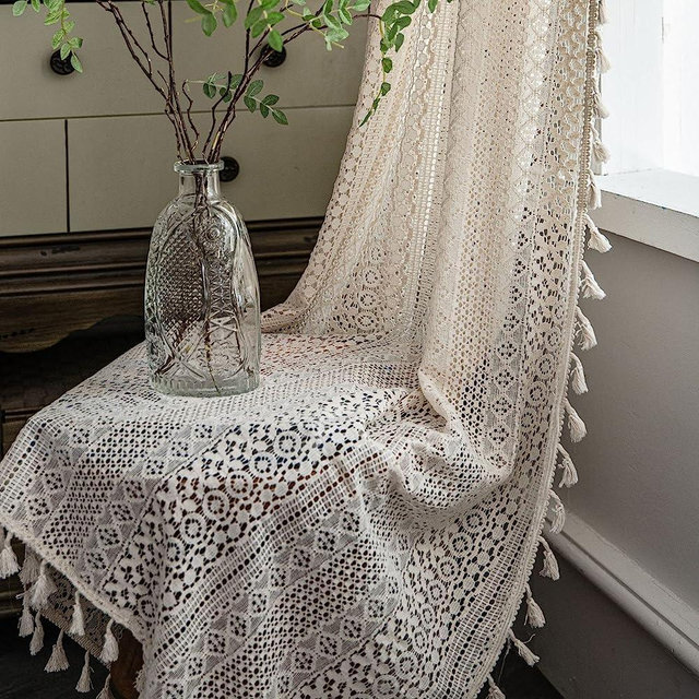 WAZZIO Boho Tassel Crochet Curtains for Living Room,Vintage Rod Pocket Bohemian Curtains Geometry Striped Knitted Lace Light Filtering Curtains 84 inches Long 2 Panel Set for Bedroom Bay Kids,Beige