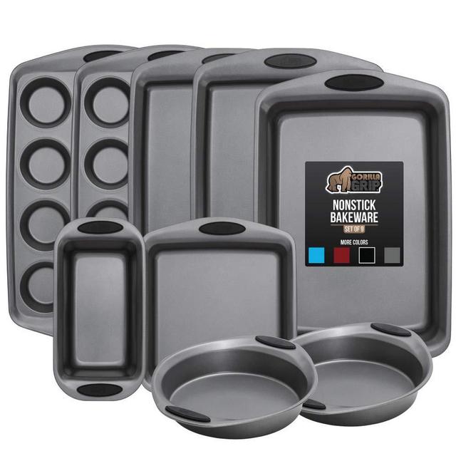 Gorilla Grip Original Kitchen Bakeware Sets, 9 Piece Baking Set with Silicone Handles, Includes 2 Large Size Cookie Sheets, 2 Round Cake Pans, 2 Muffin Pans, Loaf Pan, Large Roaster, Square Pan, Black