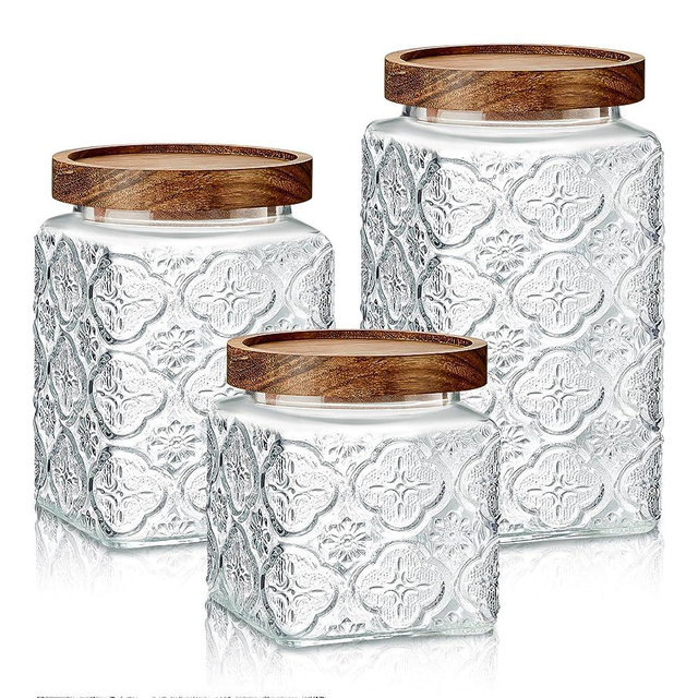 Gerrii 3 Pcs Glass Food Storage Containers 17/24/34 oz Vintage Glass Jar with Lid Begonia Pattern Glass Airtight Candy Jar Food Jars Canisters for Kitchen Counter Pantry Coffee Tea Beans (Square)