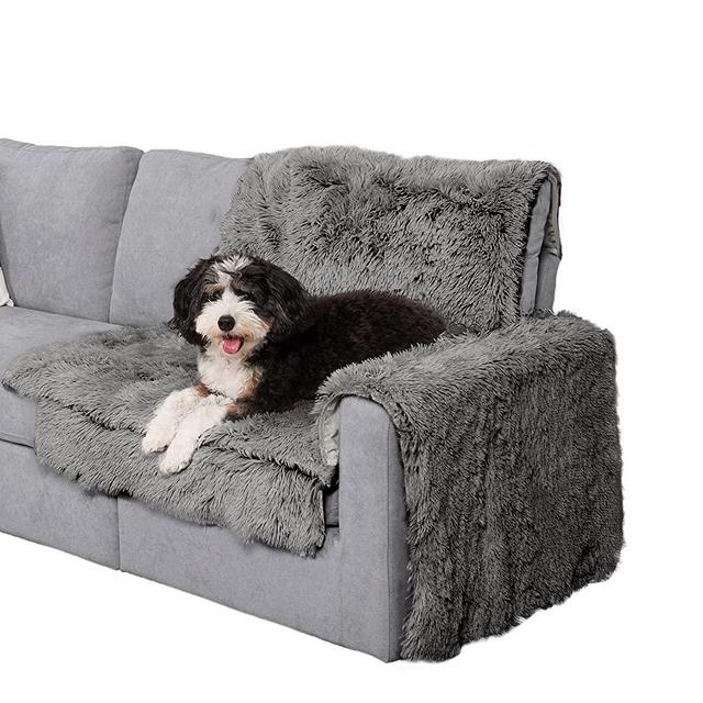 Furhaven Furniture Cover for Cats and Dogs - Snuggle Spot Long Fur Corner Pet Throw Living Room Furniture Seating Protector, Washable, Gray