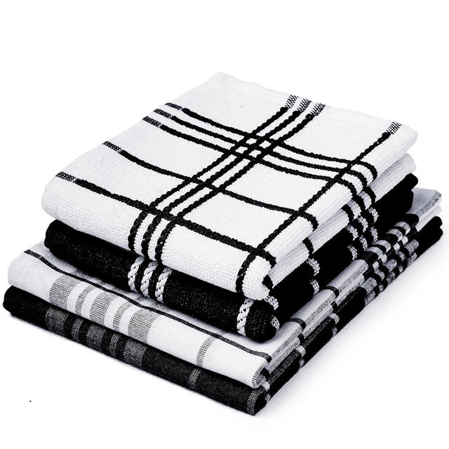 Encasa XO Kitchen Towels and Dishcloths Sets | Cotton Hand Towel | Multipurpose, Highly Absorbent Cleaning, and Reusable | 28"x18" | Pack of 4 - Black Non-Terry+Terry