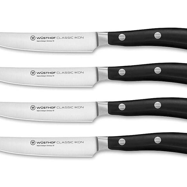 Wüsthof Steakmesser Set, Classic Ikon (1120360401), 4-teilig, je 12 cm Klingenlänge, geschmiedet, Edelstahl rostfrei, Extrem scharfe Fleischmesser, Wood