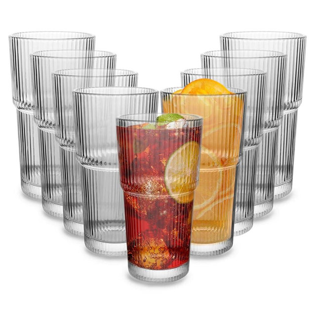 CHPINDAM Drinking Glasses，19oz Ribbed Glassware,9 Pack Old Fashioned Glasses,Thickened glass for iced coffees, smoothies, cocktails and juices, perfect for families and parties (9)