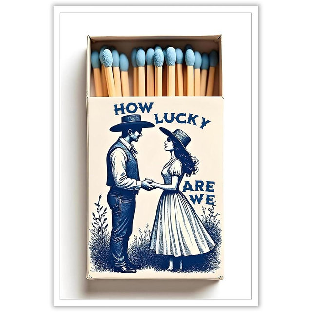 Vintage How Lucky Are We Matchbook Wall Art Cowboy And Cowgirl Romantic Canvas Posters Blue And White Western Country Love Prints Painting For Living Room Bedroom Wall Decor 8x12in Unframed