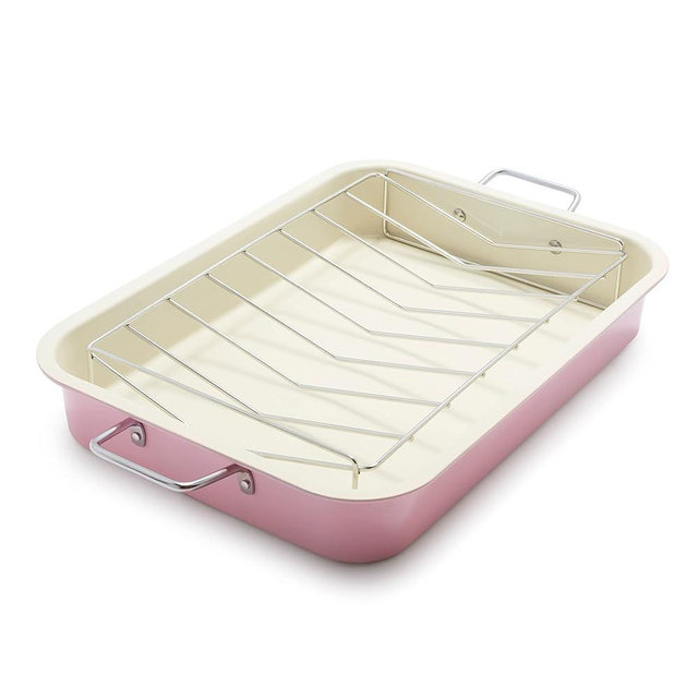 GreenLife 16.5” x 12” Healthy Ceramic Nonstick Roasting Pan with Stainless Steel Roaster Rack, PFAS-Free, PFOA-Free, Dishwasher Safe, Oven Safe, Easy Pouring Rims, Soft Pink