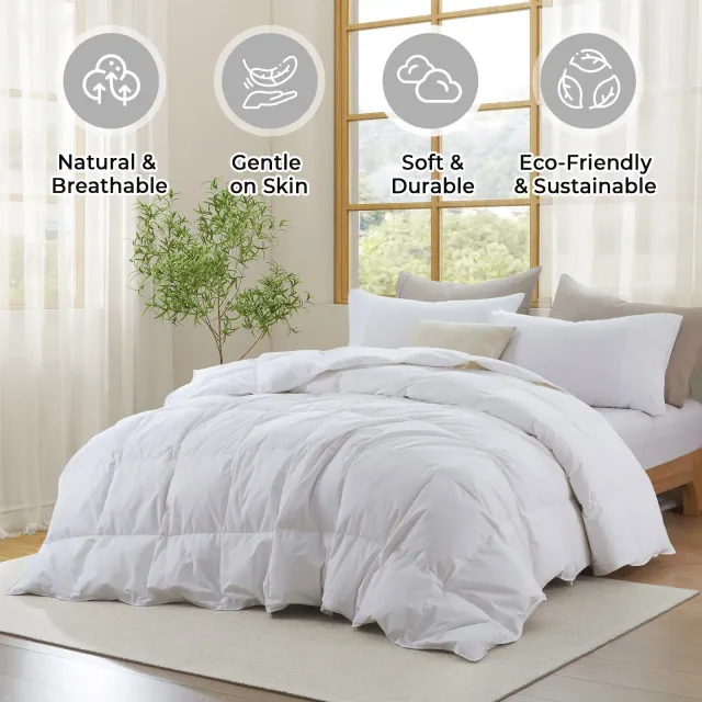 Puredown Luxurious 300TC 100% Organic Cotton Down Feather Fiber Comforter - Soft and Breathable Duvet Insert, White, Full/Queen
