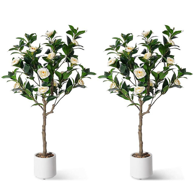 Jocoevol Artificial Camellia Tree 4ft, 2 Pack Indoor Fake Plant with Realistic Trunk, Leaves, Flowers and White Planter, Faux Potted Tree for Home Decor and Housewarming Gift